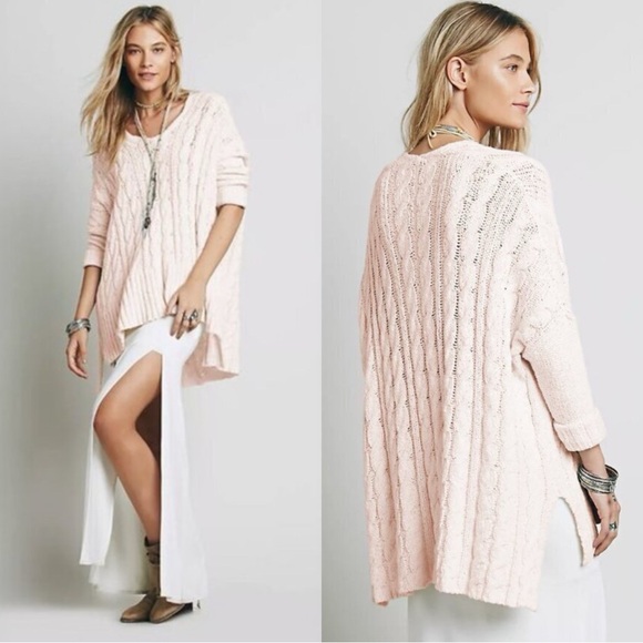 FREE PEOPLE Easy Cable Knit Pink Vneck Sweater Pullover Top - Picture 1 of 7
